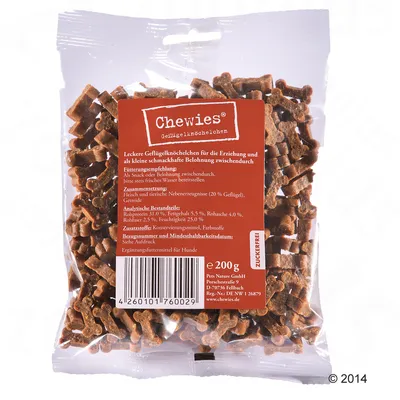 Chewies Geflügelknöchelchen, friandises en forme d’os pour chiens, sachet de 200 g. Texte en allemand sur la composition, analyse : protéines 31,9 %, matières grasses 5,5 %, humidité 25 %.