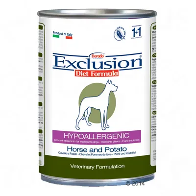 Dorado Exclusion Diet Formula dåse med tekst: Hypoallergenic, Horse and Potato, Veterinary Formulation, Product of Italy, Grain Free, 1+1. Silhuet af hund på forsiden.