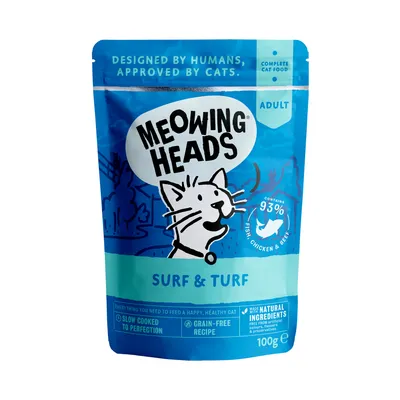 Meowing Heads Surf & Turf adult complete cat food, contains 93% fish, chicken and beef, grain-free recipe, slow cooked, made with natural ingredients, 100g pouch.