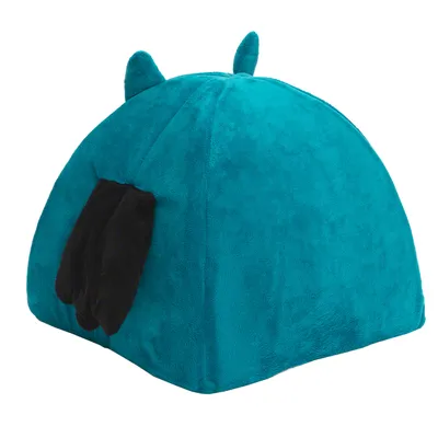 Turkoosi, plyysinen teltta mustilla yksityiskohdilla ja kahdella korvalla yläosassa. Sopii lepopaikaksi tai nukkumapaikaksi.