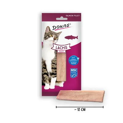 Dokas Lachsfilet für Katzen, MSC-zertifiziert, Länge ca. 12 cm, Verpackung zeigt Katze und Fischsymbol.