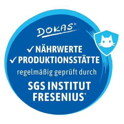 Texte en allemand : DOKAS, NÄHRWERTE, PRODUKTIONSSTÄTTE, regelmäßig geprüft durch SGS INSTITUT FRESENIUS, avec icône de chat. Texte non traduit.