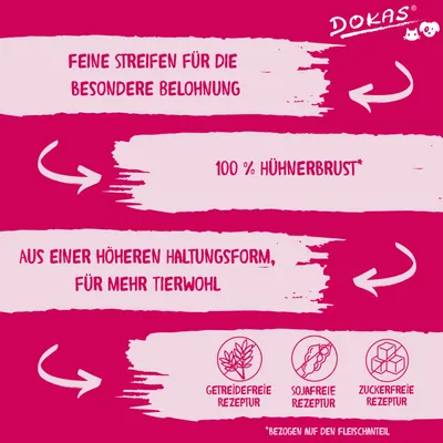 Texte en allemand : feine Streifen für die besondere Belohnung, 100 % Hühnerbrust, aus einer höheren Haltungsform, getreidefreie, sojafreie, zuckerfreie Rezeptur. Marque Dokas.