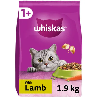Whiskas dry food with lamb, 1.9 kg pack, suitable for cats aged 1 year and over