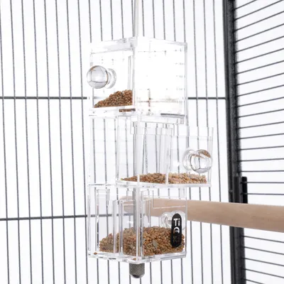 Mangeoire transparente en plastique à trois compartiments remplis de graines, suspendue dans une cage à oiseaux. Marque TIAKI visible sur le bas du distributeur.