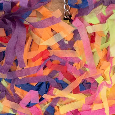 Bandelettes de papier multicolore et chaîne métallique visibles, matériau léger pour jouet ou accessoire animalier. Aucun texte ni marque apparente.