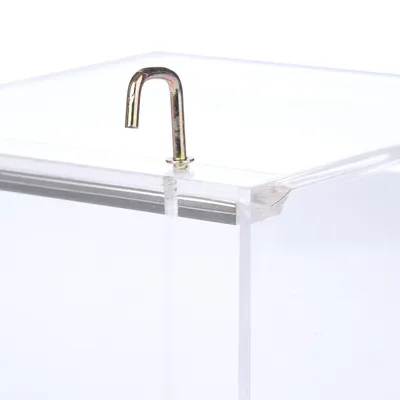 Transparent plastic housing with metal hook on top, suitable for hanging or mounting.
