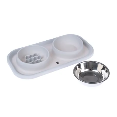 Feeding bowl set with white plastic holder, two inserts and removable stainless steel bowl.