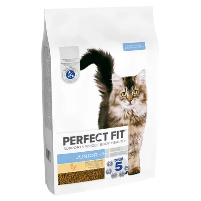 Bag labelled Perfect Fit Junior under 1, supports whole body health, rich in chicken, total 5 benefits, made with high quality ingredients, visible image of a cat.