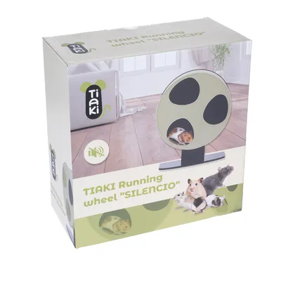 TIAKI Running Wheel 'SILENCIO' für Kleintiere, geräuscharm. Verpackung zeigt Hamster und Mäuse sowie das Produkt in grünem Design.