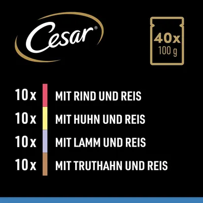Cesar. 40x100 г порционные упаковки: 10x с говядиной и рисом, 10x с курицей и рисом, 10x с ягненком и рисом, 10x с индейкой и рисом.