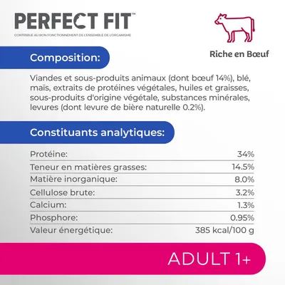 Perfect Fit Riche en Bœuf. Composition : bœuf 14 %, blé, maïs, protéines végétales, huiles, graisses, minéraux. Protéine 34 %, matières grasses 14,5 %, calcium 1,3 %, Adult 1+.