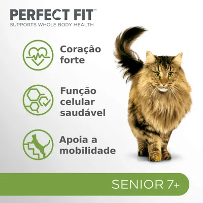 PERFECT FIT. Coração forte, função celular saudável, apoia a mobilidade. SENIOR 7+. Imagem de um gato ao lado dos benefícios destacados.