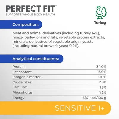 Product composition: meat and animal derivatives including 14% turkey, maize, barley, oils, vegetable protein. Analytical values: protein 34%, fat 15%, energy 387 kcal/100g. Sensitive 1+.