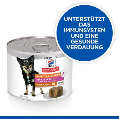 Hill's Science Plan Perfect Digestion Small & Mini Adult mit Truthahn, unterstützt das Immunsystem und eine gesunde Verdauung. Mousse für Hunde von 1-6 Jahren, Gewicht bis 10 kg.