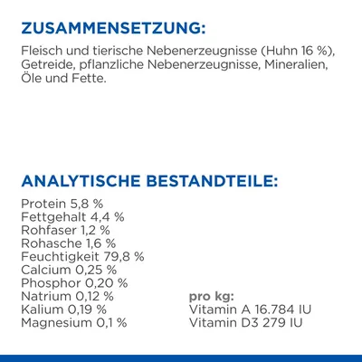 Sestava: meso in živalski stranski proizvodi (piščanec 16 %), žita, rastlinski stranski proizvodi, minerali, olja in maščobe. Analitske sestavine: beljakovine 5,8 %, vsebnost maščob 4,4 %, surova vlaknina 1,2 %, surovi pepel 1,6 %, vlaga 79,8 %, kalcij 0,25 %, fosfor 0,20 %, natrij 0,12 %, kalij 0,19 %, magnezij 0,1 %. Vitamini na kg: vitamin A 16.784 IU, vitamin D3 279 IU.