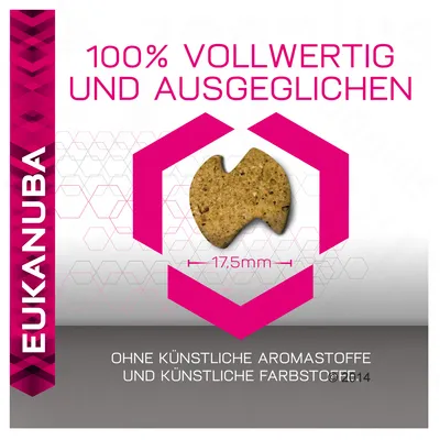 EUKANUBA. 100% VOLLWERTIG UND AUSGEGLICHEN. Bez umjetnih aroma i boja. Keks promjera 17,5 mm. Tekst na njemačkom jeziku.