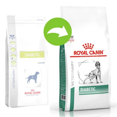 Royal Canin Veterinary Diabetic hrana za pse, prikaz stare i nove ambalaže s oznakom DIABETIC i siluetom psa na obje vrećice.