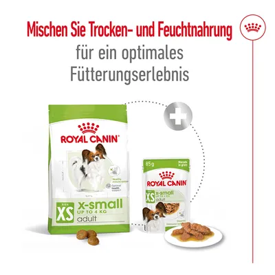 Royal Canin X-Small Adult Trocken- und Feuchtnahrung für Hunde bis 4kg. Empfehlung: Kombination für optimales Fütterungserlebnis.