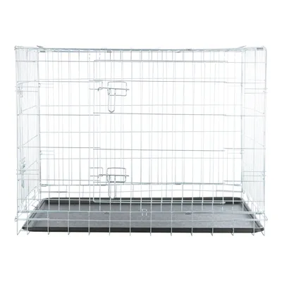 Metallkäfig mit Gitterwänden und herausnehmbarer Kunststoffbodenwanne, zwei Türen mit Verschlussmechanismen.