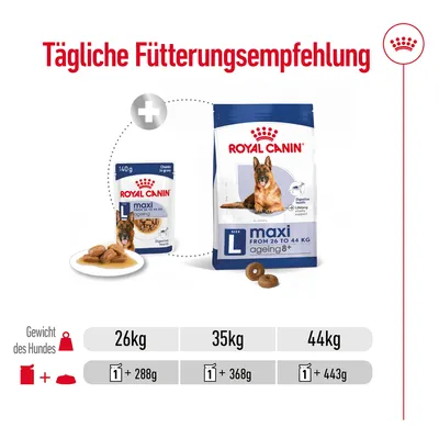Tägliche Fütterungsempfehlung für Royal Canin Maxi Ageing 8+: Gewicht des Hundes 26kg = 288g, 35kg = 368g, 44kg = 443g. Kombination aus Trocken- und Nassfutter.