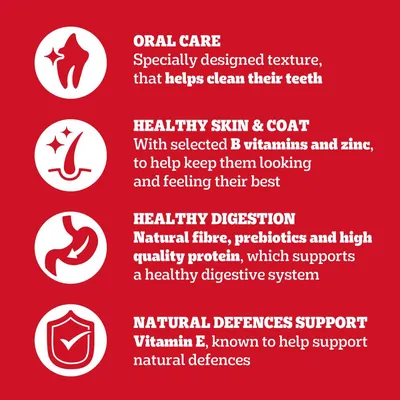 Key benefits: oral care with texture that helps clean teeth, healthy skin and coat with B vitamins and zinc, healthy digestion with fibre, prebiotics and protein, natural defences support with vitamin E.