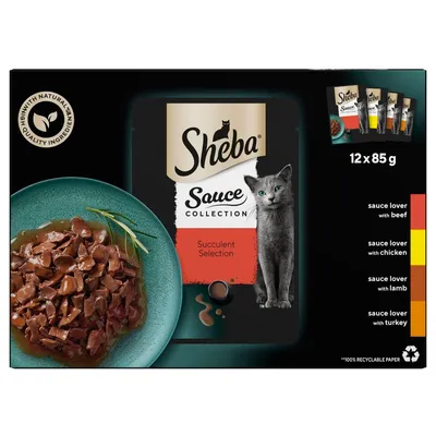 Sheba Sauce Collection Succulent Selection, 12 x 85g. Includes beef, chicken, lamb and turkey varieties. High with natural quality ingredients. 100% recyclable paper packaging.