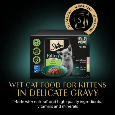 Wet cat food for kittens in gravy, mixed selection with salmon and chicken, 12 portions of 85g each. Made with natural and high quality ingredients, vitamins and minerals.