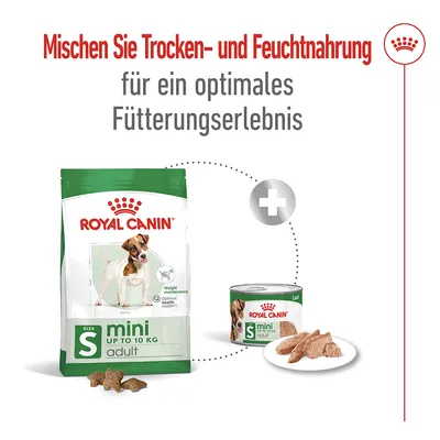 Royal Canin Mini Adult bis 10kg. Empfehlung: Trocken- und Feuchtnahrung mischen für optimales Fütterungserlebnis. Gewichtserhalt und Unterstützung der Gesundheit sichtbar.