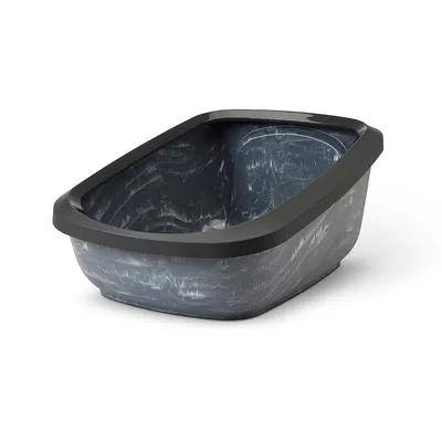 Bac à litière ouvert en plastique gris marbré avec rebord noir, sans accessoires ni décoration visibles.