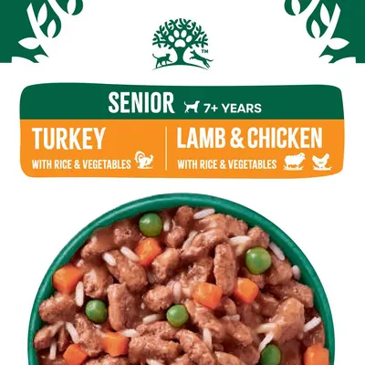 Senior 7+ years. Turkey with rice and vegetables, lamb and chicken with rice and vegetables.