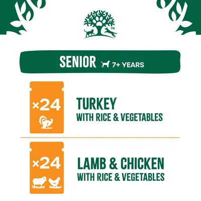Senior 7+ years. Contains 24 packs of turkey with rice and vegetables, and 24 packs of lamb and chicken with rice and vegetables.