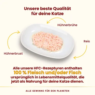 Unsere beste Qualität für deine Katze: Hühnerbrust, Reis und Hühnerbrühe. HFC-Rezepturen mit 100% Fleisch und/oder Fisch in Lebensmittelqualität als Nahrung für Katzen.