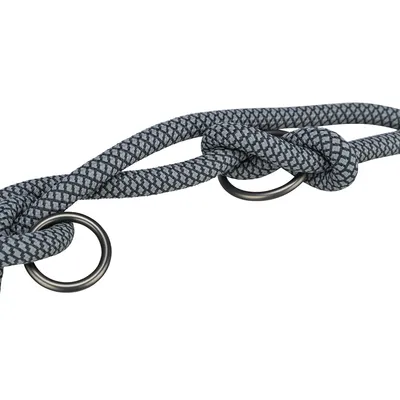 Graues geflochtenes Seil mit zwei Metallringen, geeignet für Befestigungen oder Zubehör.