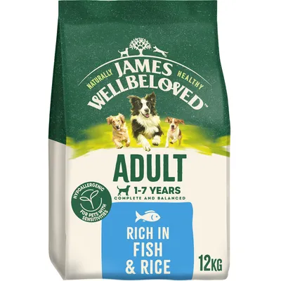 James Wellbeloved Adult 1-7 Years, hypoallergenic, complete and balanced, rich in fish and rice, 12kg. For pets with sensitivities.