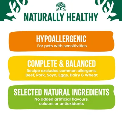 Hypoallergenic for pets with sensitivities. Complete and balanced, excludes beef, pork, soya, eggs, dairy, wheat. Selected natural ingredients, no added artificial flavours, colours or antioxidants.