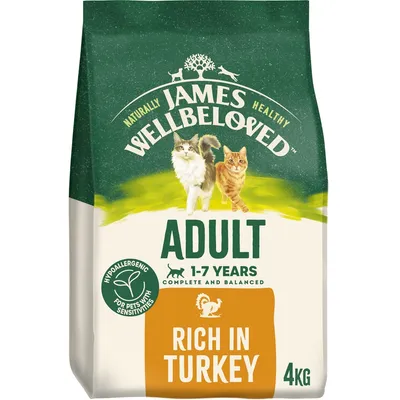 Adult pet food for ages 1-7 years, hypoallergenic, rich in turkey, complete and balanced, 4kg pack, suitable for pets with sensitivities.