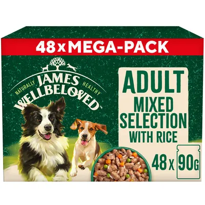 James Wellbeloved adult mixed selection with rice, 48 pack of 90g portions, mega-pack. Image shows food pieces with vegetables.