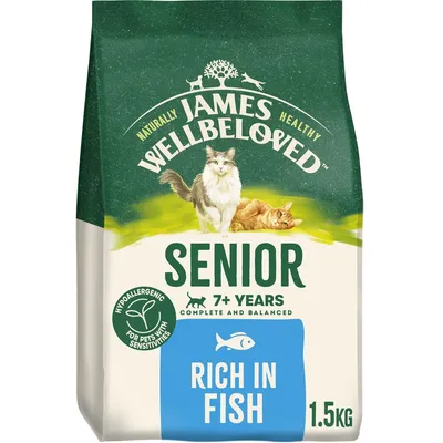 Senior pet food, suitable for 7+ years, complete and balanced, hypoallergenic for sensitivities, rich in fish, 1.5kg pack.