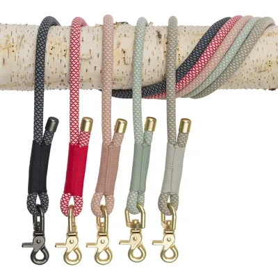 Fünf Hundeleinen aus geflochtenem Material in verschiedenen Farben: Schwarz, Rot, Beige, Grün und Grau, mit goldfarbenen Karabinerhaken.