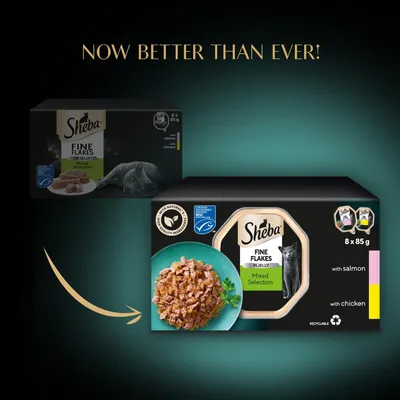 Comparison of old and new Sheba Fine Flakes in Jelly Mixed Selection 8 x 85g packaging, highlighting improved product with salmon and chicken varieties.