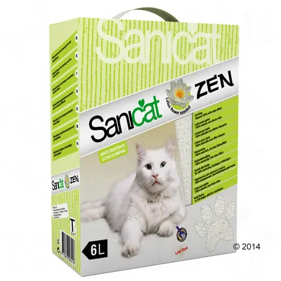 Sanicat ZEN kattegrus, White Bentonite Ultra Clumping, Lotus flower scent, 6L. Tekst: Low Dust. Billede af hvid kat og poteaftryk på pakken.
