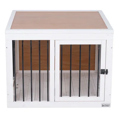 Modern Living Hundebox aus weissem Holz mit Metallgitter und abschliessbarer Tür, geeignet für Innenräume.