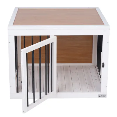 Holz-Hundebox mit weissem Rahmen, schwarzen Metallstreben und brauner Holzrückwand. Tür geöffnet, Boden aus hellem Holz. Marke Modern Living sichtbar.