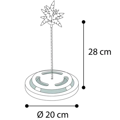 Diagram zabawki z piórkiem i liściem, wysokość 28 cm, średnica podstawy 20 cm.