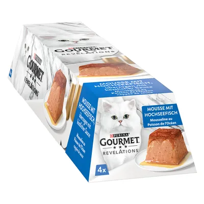 Purina Gourmet Revelations mousse with ocean fish, topped with sauce. Packaging shows product image and white cat. Contains 4 portions.