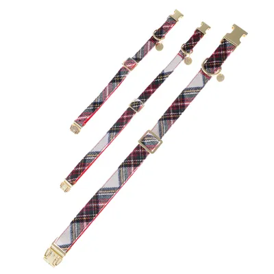 Trois colliers pour animaux à motif écossais, fermoirs et boucles dorés, tailles différentes visibles côte à côte.
