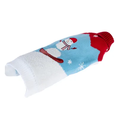 Hellblauer Hundepullover mit Schneemann-Motiv, roten Akzenten und Schneeflocken. Geeignet für kalte Tage.