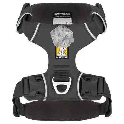 Ruffwear dog harness in grey with reflective stripes, sturdy buckles and attachment point. Logo with dog image visible.