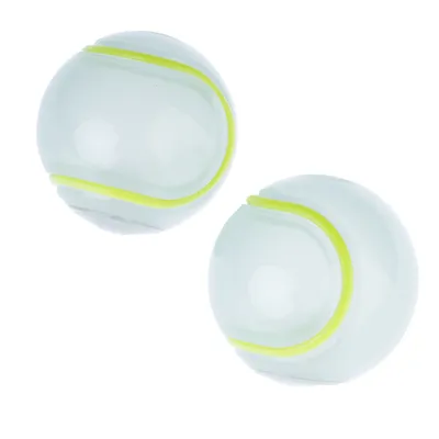 Two white play balls with yellow stripes, suitable for pet games.